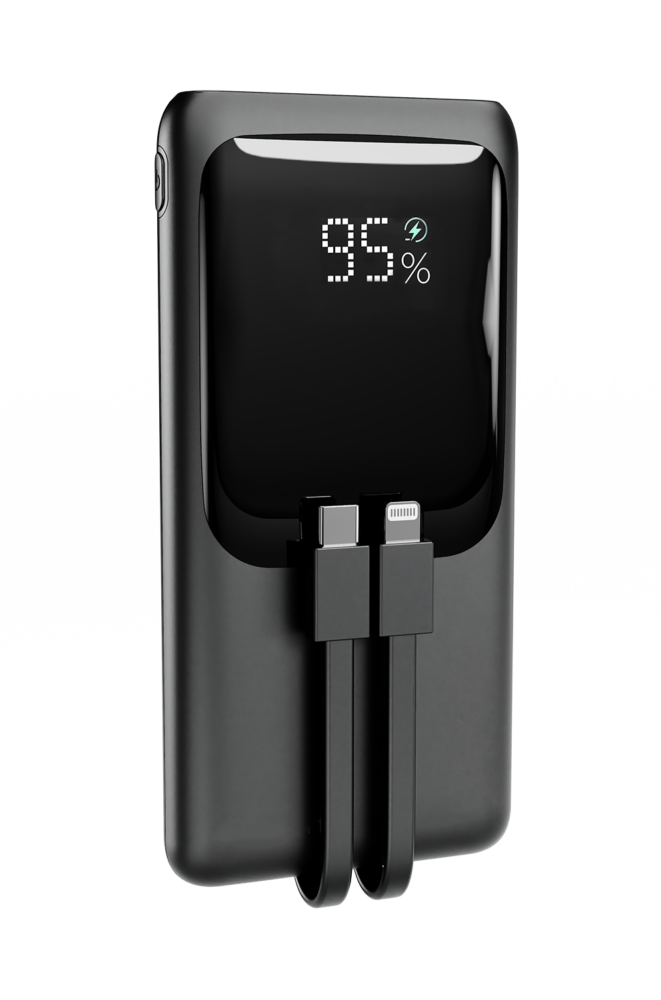20 W Snelladende powerbank met geïntegreerde kabels, 10000 mAh, zwart