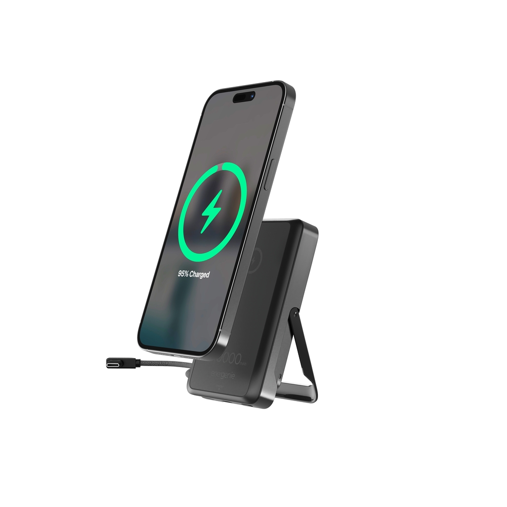 15 W magnetische draadloze powerbank met geïntegreerde standaard, 10000 mAh, zwart