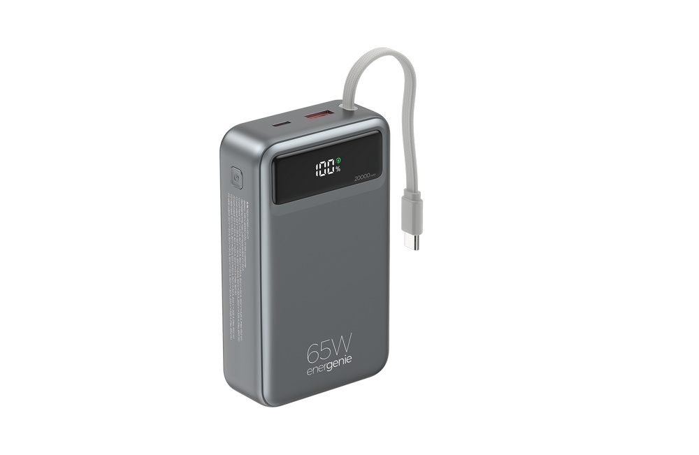 65 W Snelladende powerbank met geïntegreerde kabels, 20000 mAh, zwart
