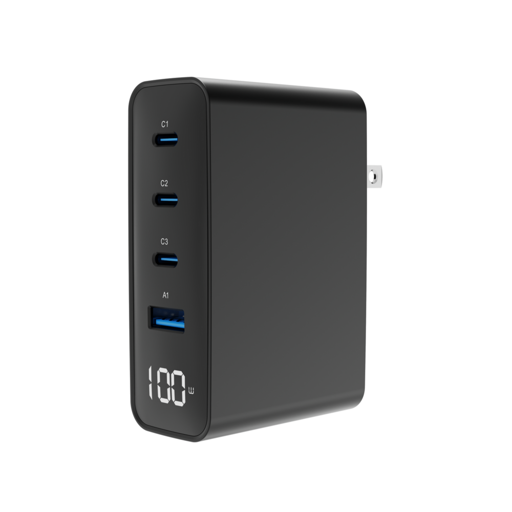 100 W GaN USB-C-reislader met 4 poorten en lcd – zwart