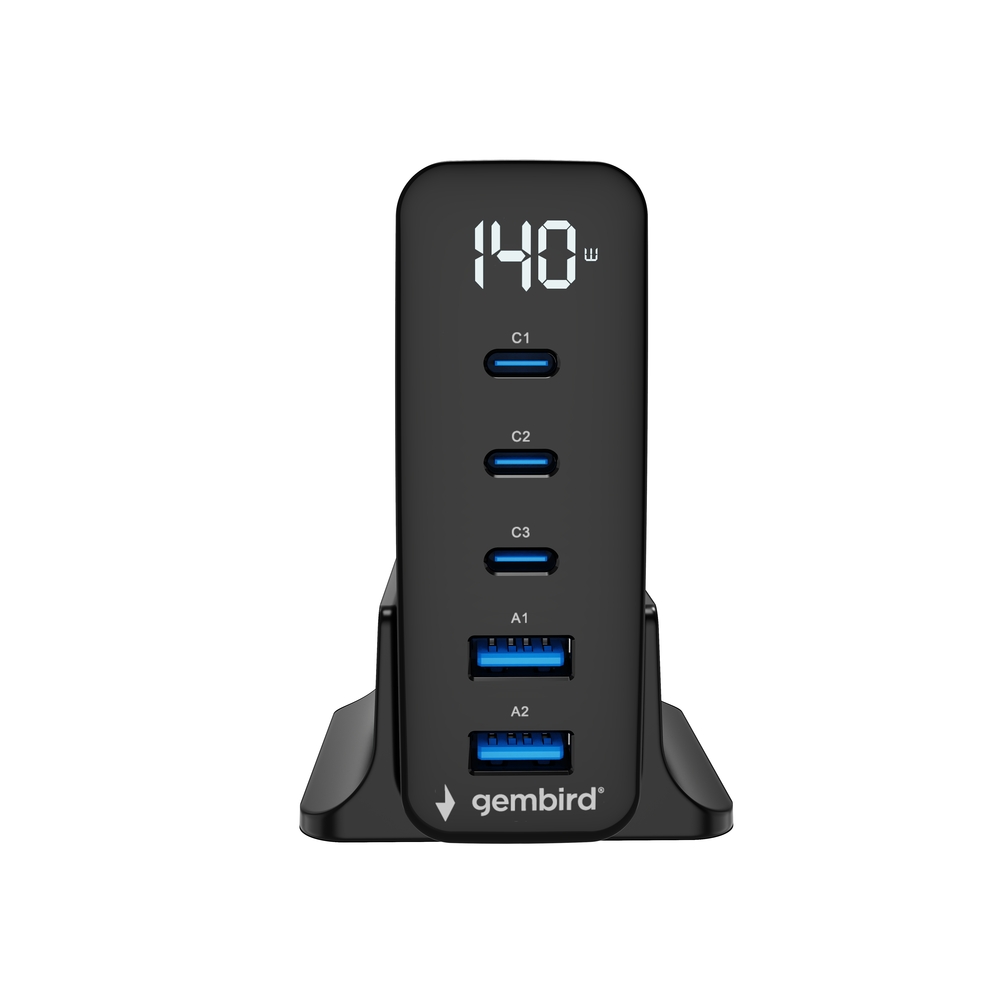 5-poorts 140 W GaN USB-snellader, zwart