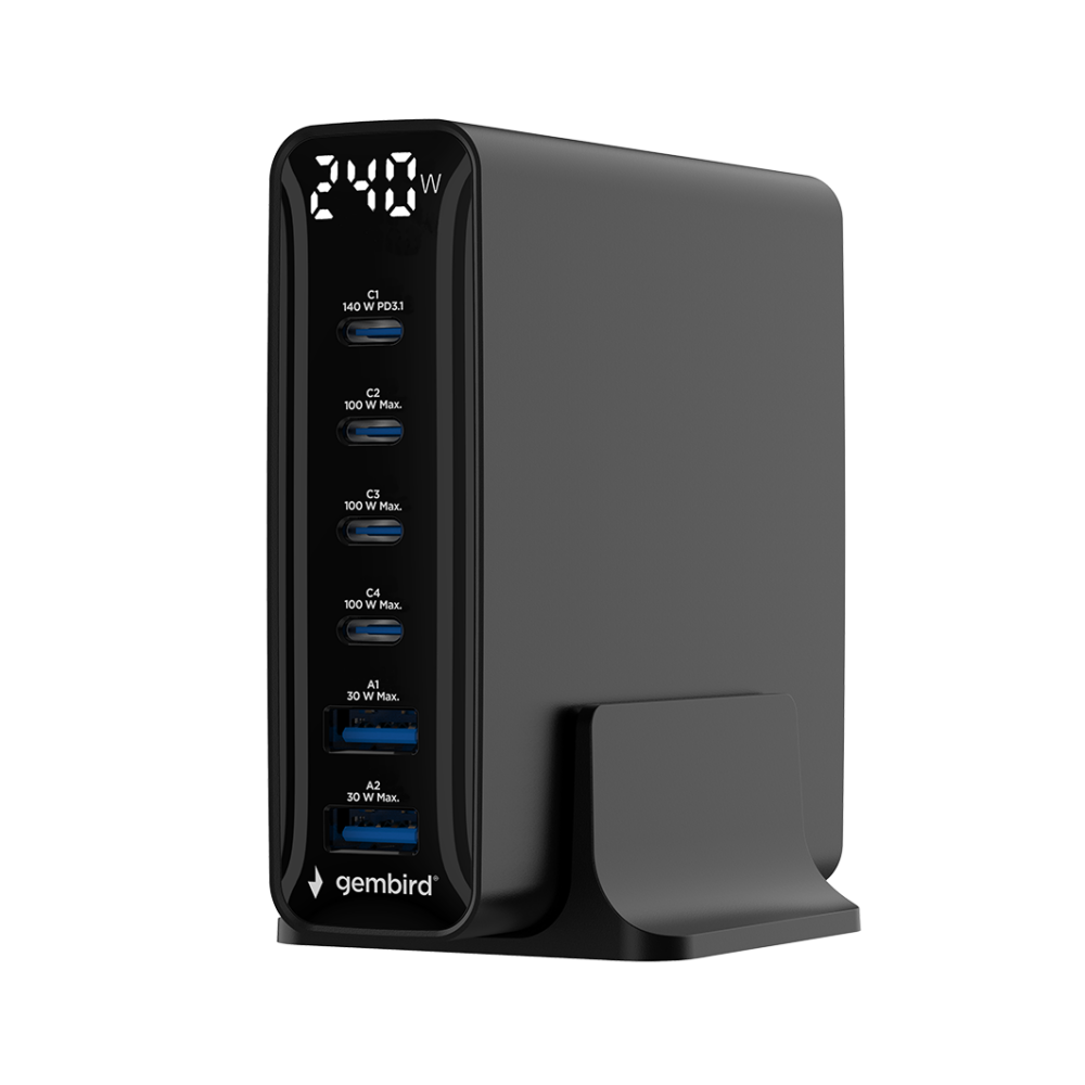 6-poorts 240 W GaN USB-snellader, zwart