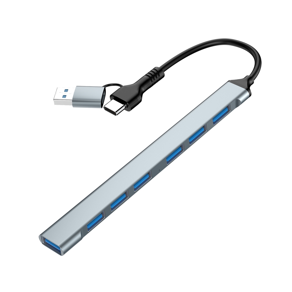 7-poorts USB-hub met USB-A en USB-C – zilver